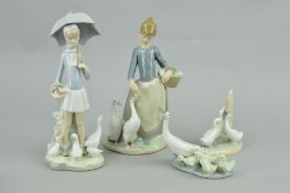 THREE LLADRO FIGURES, to include 'On the Farm' (girl feeding ducks), girl with umbrella and ducks