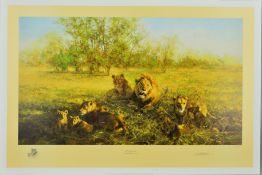 DAVID SHEPHERD (1931-2017), 'FIRST LIGHT AT SAVUTI', a limited print 534/1500 of a Pride of Lions at