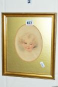 AN EDWARDIAN PORTRAIT PICTURE, watercolour, young child, framed and oval mounted, approximate size