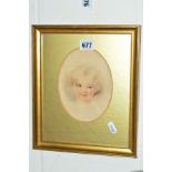 AN EDWARDIAN PORTRAIT PICTURE, watercolour, young child, framed and oval mounted, approximate size