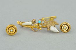 A LATE VICTORIAN GOLD BROOCH AND A PAIR OF EARRINGS, the brooch designed as two birds with pearl