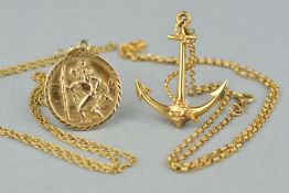 TWO 9CT GOLD PENDANTS AND CHAINS, the first a St Christopher pendant suspended from a fancy link