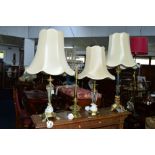 A 20TH CENTURY BRASSED TABLE LAMP with shade, another brass lamp with a glass shade and two other