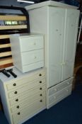 A MODERN CREAM TWO DOOR WARDROBE, above two drawers, a matching two drawer bedside chest and a chest