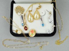 A SELECTION OF JEWELLERY, to include a Special Sister pendant, a pair of blue gem earrings stamped