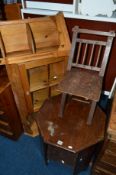 A PINE GLAZED CORNER CUPBOARD, an oak occasional table, a pine corner unit and a folding chair (4)