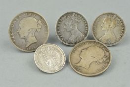 FIVE VICTORIAN COINS, to include two florins and three further coins dated 1844, 1874 and 1887,