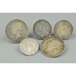 FIVE VICTORIAN COINS, to include two florins and three further coins dated 1844, 1874 and 1887,