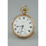 AN EARLY 20TH CENTURY 9CT GOLD STAYTE POCKET WATCH, the open face white dial with Roman numeral hour