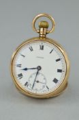 AN EARLY 20TH CENTURY 9CT GOLD STAYTE POCKET WATCH, the open face white dial with Roman numeral hour