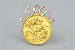 A SOVEREIGN PENDANT, the Victoria widow head, 1901 sovereign with scrolling detail and loop added to