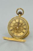 AN EARLY 20TH CENTURY 18CT GOLD POCKET WATCH, the fancy dial with Roman numerals, with engraved