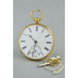 AN EARLY VICTORIAN 18CT GOLD POCKET WATCH, the open face with white dial and Roman numeral hour