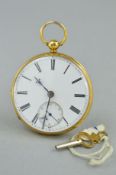 AN EARLY VICTORIAN 18CT GOLD POCKET WATCH, the open face with white dial and Roman numeral hour