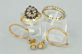 TWO RINGS AND TWO PAIRS OF EARRINGS, to include a 9ct gold sapphire and diamond cluster ring,