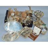 TWO BOXES OF SILVER PLATE INCLUDING TWO PAIRS OF CANDLESTICKS, cake baskets, entree dishes, cocktail