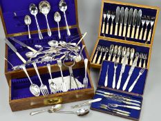 A VICTORIAN CASED SET OF SIX MOTHER OF PEARL HANDLED AND SILVER PLATED DESSERT KNIVES AND FORKS,