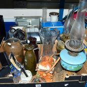 TWO BOXES OF SUNDRY ITEMS, to include Bakelite Thermos Flasks, oil lamp bases with funnels,