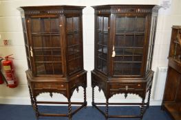 A PAIR OF EARLY 20TH CENTURY OAK ASTRAGAL GLAZED SINGLE DOOR DISPLAY CABINET, with canted corners,