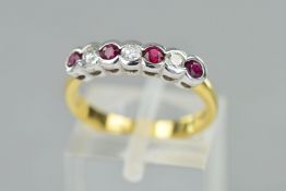 AN 18CT GOLD RUBY AND DIAMOND SEVEN STONE RING, four circular rubies interspaced by three