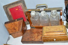 A THREE BOTTLED TANTALUS, a tea caddy (missing interior) a stationery box (s.d), a photoframe (s.
