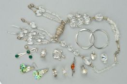 A SELECTION OF MAINLY SILVER JEWELLERY, to include a pair of abalone shell earrings, a modified