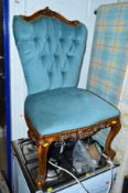 A REPRODUCTION CARVED WOOD BEDROOM CHAIR, a mahogany tea trolley and another chair (3)