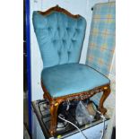 A REPRODUCTION CARVED WOOD BEDROOM CHAIR, a mahogany tea trolley and another chair (3)