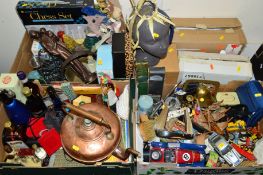 THREE BOXES AND LOOSE SUNDRY ITEMS, to include copper kettle, boxed chess set, die-cast vehicles,