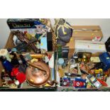 THREE BOXES AND LOOSE SUNDRY ITEMS, to include copper kettle, boxed chess set, die-cast vehicles,