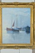 WILLIAM SCUDDER (BRITISH CONTEMPORARY), 'SAILING BOATS AT THEIR MOORINGS', oil on board, signed