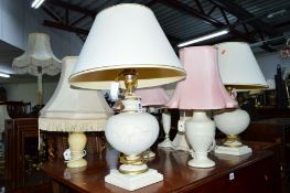 TWO PAIRS OF MODERN TABLE LAMPS, with shades, two other table lamps, a metal nest of three tables