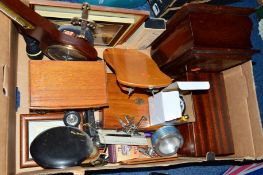 A BOX OF SUNDRY ITEMS, to include wooden jewellery boxes, a barometer and pictures, etc