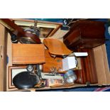 A BOX OF SUNDRY ITEMS, to include wooden jewellery boxes, a barometer and pictures, etc