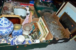 THREE BOXES OF ASSORTED AND LOOSE SUNDRY ITEMS, to include a box of glassware, Pyrex style glass