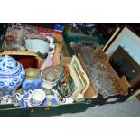 THREE BOXES OF ASSORTED AND LOOSE SUNDRY ITEMS, to include a box of glassware, Pyrex style glass