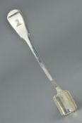 A LATE GEORGIAN SILVER CHEESE SCOOP, of Fiddle pattern with engraved griffin head to the handle,