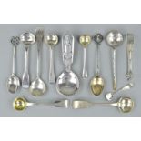 A SELECTION OF MAINLY SILVER SPOONS AND A PAIR OF SUGAR TONGS, to include early 19th to early 20th