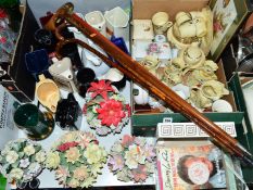 A BOX AND LOOSE CERAMICS, SUNDRIES ETC, to include set of four H.J.Woods 'Pack of Cards' jugs and