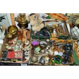 THREE BOXES AND LOOSE SUNDRY ITEMS, to include Ranger binoculars, Samsung phones, metalwares,