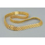 A 9CT GOLD CHAIN NECKLACE, designed as a wide fancy link chain to the push piece clasp, import marks