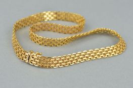 A 9CT GOLD CHAIN NECKLACE, designed as a wide fancy link chain to the push piece clasp, import marks