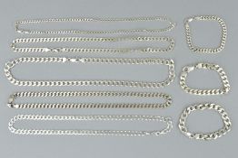 FIVE CURB LINK NECKLACES AND THREE CURB LINK BRACELETS, all with spring release clasps, all with