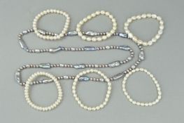 SIX CULTURED PEARL BRACELETS AND A NECKLACE, the bracelets are elasticated, the necklace made up