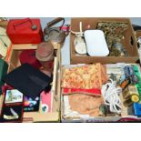 THREE BOXES AND LOOSE SUNDRY ITEMS, to include Shell Aviation Spirit can, assorted brass and