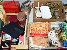 THREE BOXES AND LOOSE SUNDRY ITEMS, to include Shell Aviation Spirit can, assorted brass and