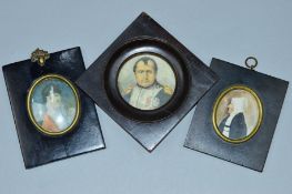 A PORTRAIT MINIATURE WATERCOLOPUR OF ELDERLY LADY, and two miniature portrait prints