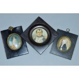 A PORTRAIT MINIATURE WATERCOLOPUR OF ELDERLY LADY, and two miniature portrait prints