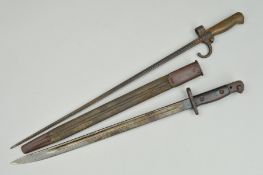 A BRITISH WWI SMLE BAYONET AND SCABBARD, by Wilkinson, markings 1907 and Crown and a Foreign sword/