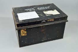 A LARGE METAL STORAGE CASE, with hinged lid, bearing the markings group Captain J.D.S. Huxley,